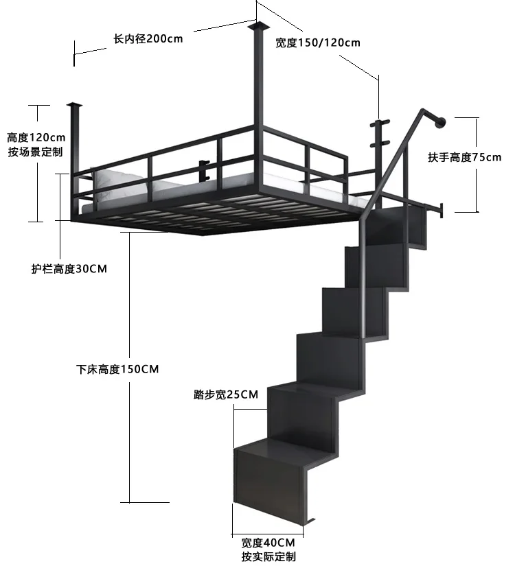 Personalizado nórdico multi-função economia de espaço tamanhos diferentes cama loft de ferro pendurado estrutura de cama de metal