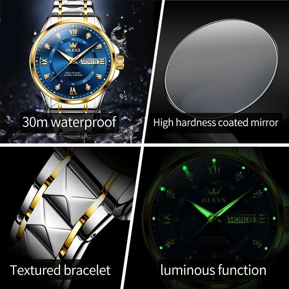 OLEVS Men\'s Watch No.2906 Fashion Business Original Quartz Watches Rhombus Stainless Steel Waterproof Luminous Week Date Display