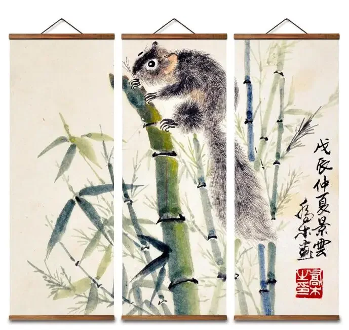 

MT0110 Chinese Style bamboo squirrel Decorative Wall Art Posters Solid Wood Scroll Paintings