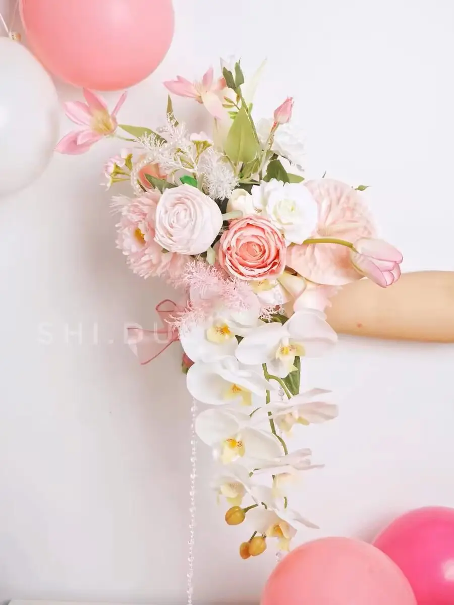 

Waterfall Style White Pink Rose Wedding Bouquet Simulation Flowers Cascading Red Buque De Noiva Para Casamento