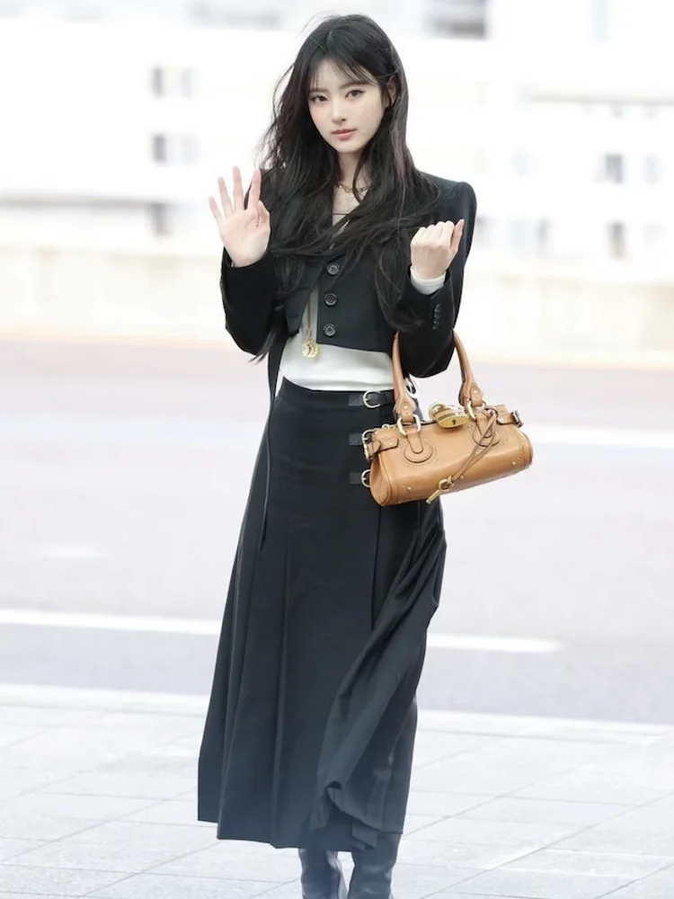 

Черный короткий костюм-жакет Анна Накаджима с плиссированной юбкой, комплект, китайский бренд, женская летняя мода, смесовый полиэстер