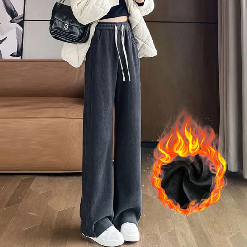 2024 Autumn Winter Women Vintage Concise Sweatpants Lady Casual Designer Elastic Wide Leg Straight Leg Plush Thermal Trousers