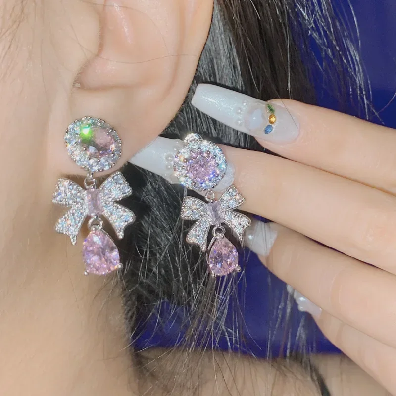 

MDL Moissanite Style Original Super Shiny Pop Earrings 18K Gold Plated Princess Pink Tassel Bow