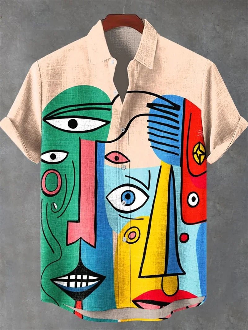 Men's Linen 3D Printed Pattern Lapel Short-sleeved Button-button Pocket Shirt Ethnic Style Private Custom Shirt Slim Beach Top