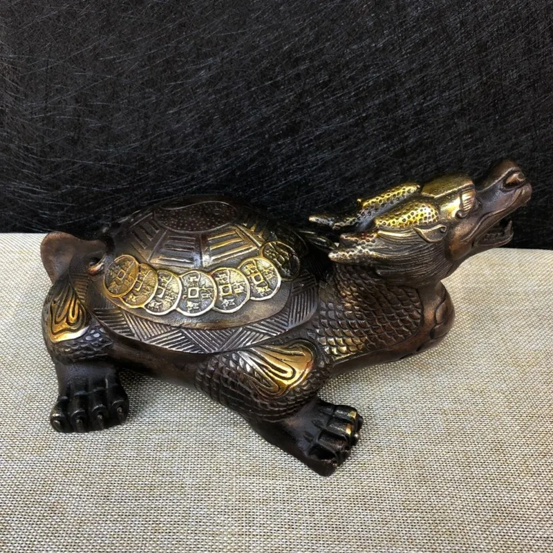Brass Ornament, Exquisitely Crafted Antique-Style Dragon , Eight-Trigram Longevity Turtle, Gilt Bronze Pair