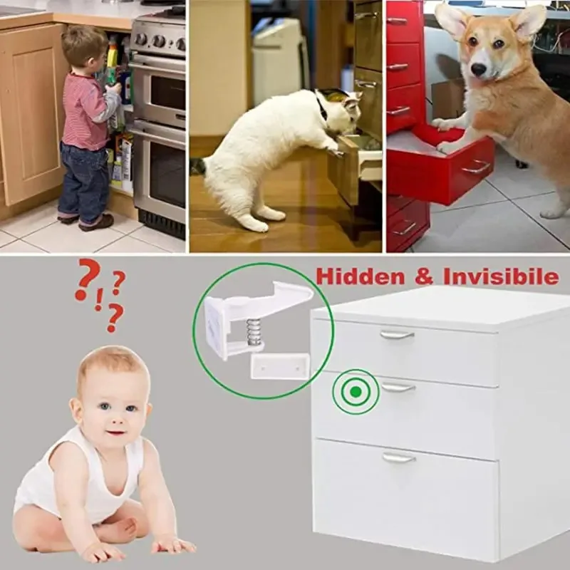 10pcs Baby Cabinet Locks Invisible Closet and drawer Lock Child Security Protector No Drilling Installation White