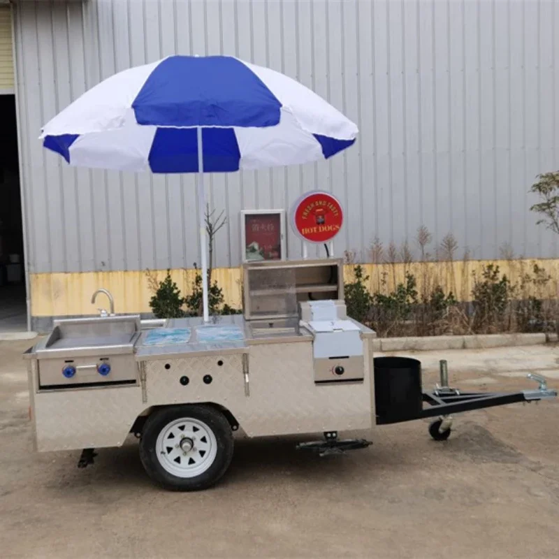 JDR1 - Outdoor Mobile Hot Dog Cart Open Stainless Steel Small Food Cart for Commercial Hot Dog Cooking Racks