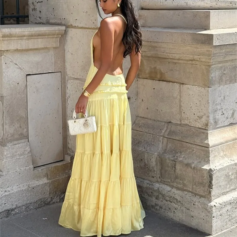 

Желтое летнее женское платье макси на одно плечо с открытой спиной, многоярусное, с оборками, длинное, для вечеринок, с шнуровкой на спине, из полиэстера и спандекса