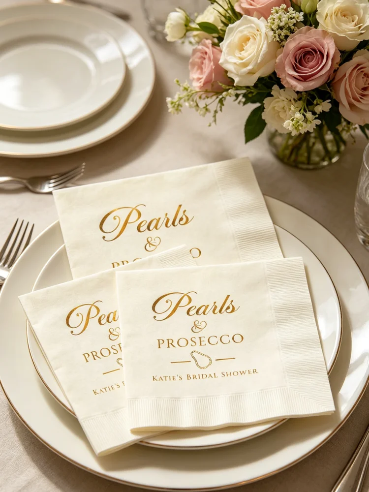 Personalized Pearls And Prosecco Printed Napkins Custom Bridal Shower Beverage Cocktail Luncheon Dinner Guest Towels Multiple
