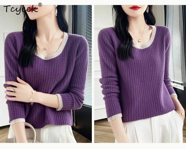 Tcyeek, eleganckie swetry damskie ze 100% czystej wełny, z okrągłym dekoltem, modne krótkie dzianinowe pulowery, nowość jesień-zima 2024 T48256QM