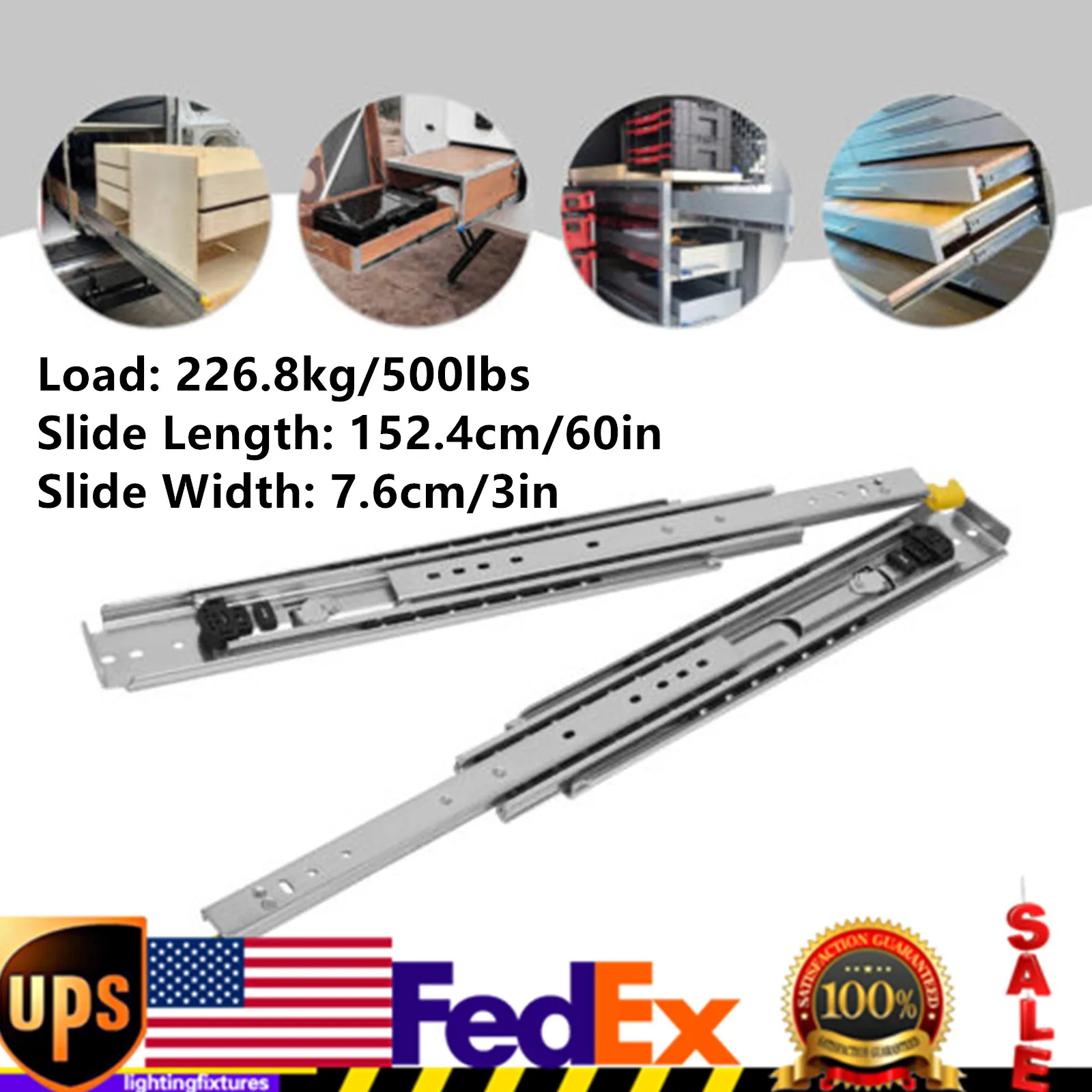 Pair of 60 Inch Heavy Duty Drawer Slides, Silent, 500LB Full Extension Side Mount Ball Bearing Drawer Rails with Lock