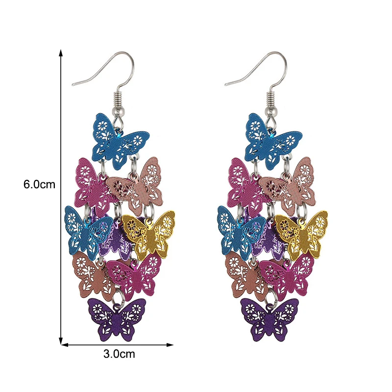 Cute Multilayer Colorful Butterfly Earrings For Women Hollow Geometric Butterflies Earrings Bohemian Long Drop Dangle Jewelry