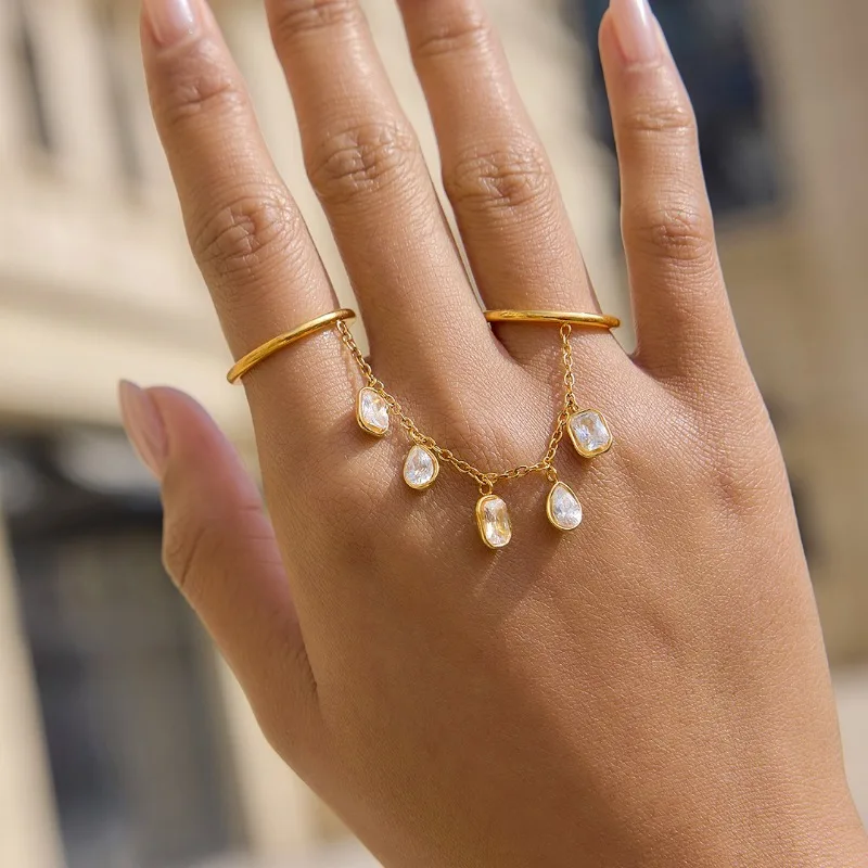 

Double Ring Connected Chain Ring Stainless Steel 18k Gold-Plated Teardrop Zircon Tassel Pendant Rings Boho Tarnish Free Jewelry