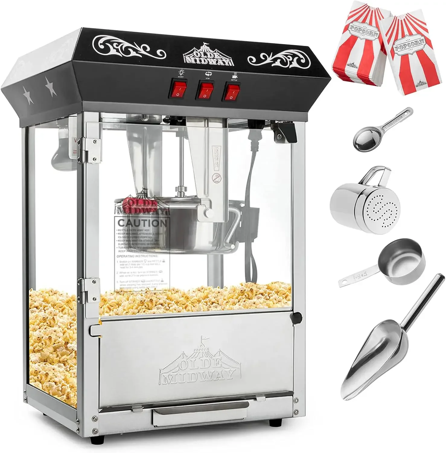 Midway Bar Style Popcorn Machine Maker Popper with 8-Ounce Kettle - Black