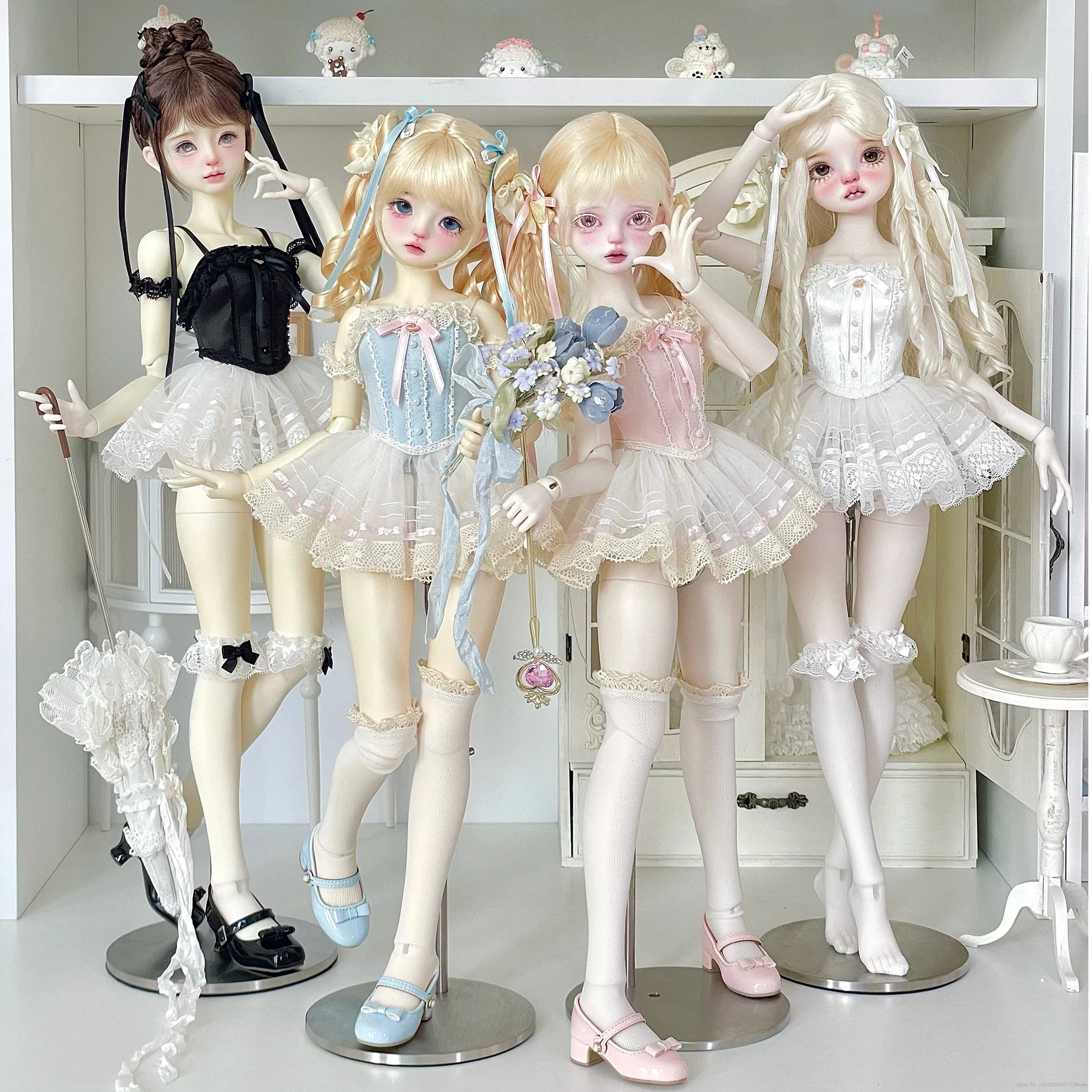 【solo-abbigliamento】abito-in-pizzo-tutu-per-bambola-bjd-in-scala-1-4-gonna-da-balletto-dolce-lolita-con-volant-completo-di-vestiti-fiocchi-e-fermagli-per-capelli-opzionali