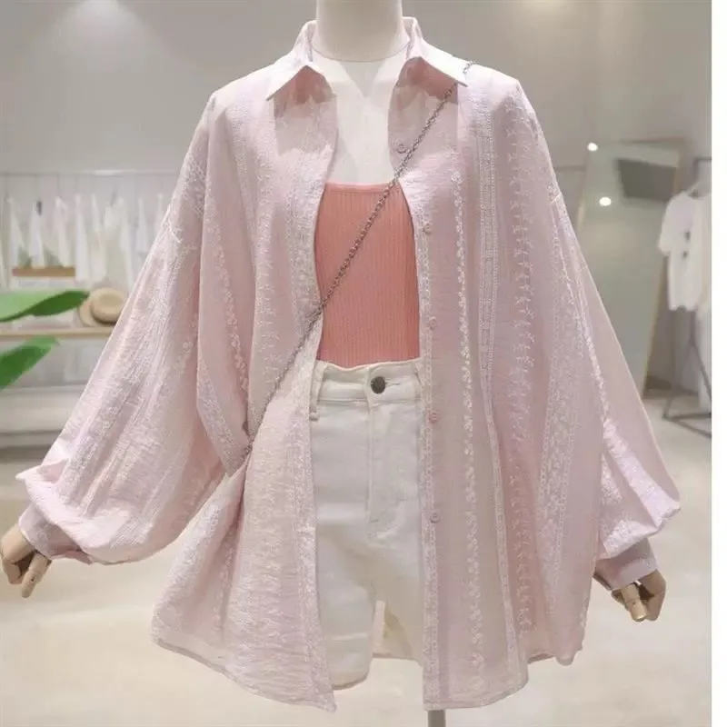 

Embroidered Button-up Shirt for Women Lightweight Long Sleeve Oversized Shirt Spring Summer Breezy Korean Fashion Casual Outfit