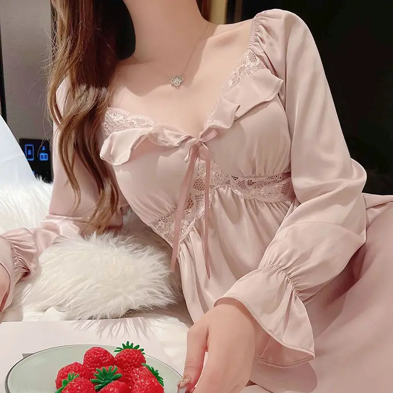 Women Long Nightgown Elegant Lace Ruffles Sleeve Sleepwear Silk Rayon Home Dressing Gown Hollow Out Nightwear Loungewear