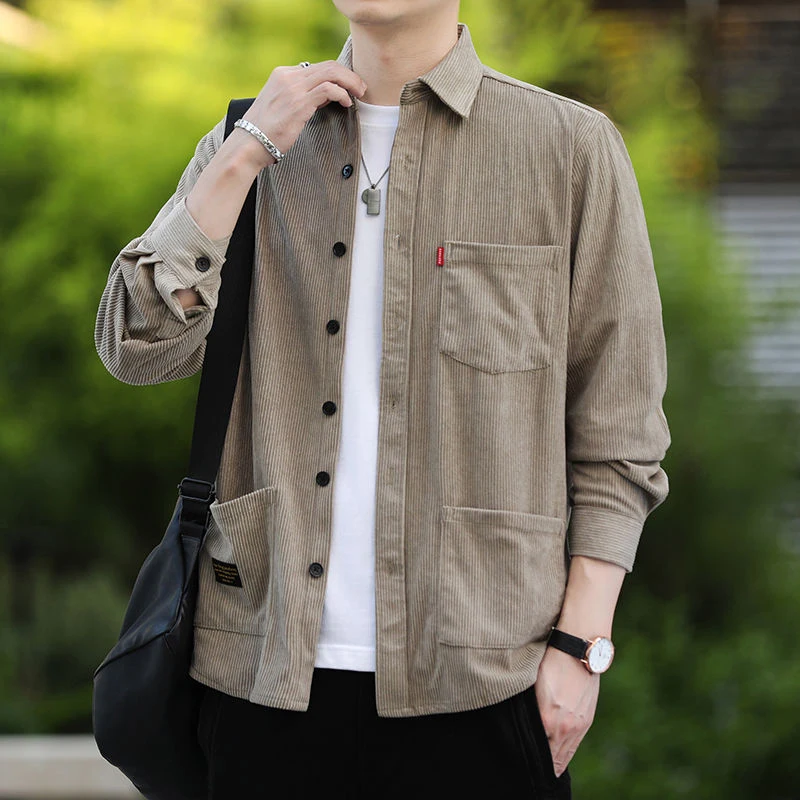 

Spring Autumn Male Casual Fashion Corduroy Long Sleeve Shirt Homme Buttons Loose All-match Bottoming Blouse Men's Oversized Top