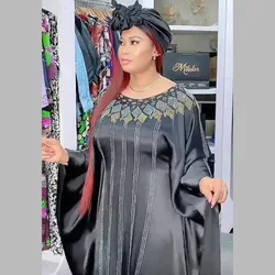 Summer African Women O-neck Solid Color Polyester Plus Size Long Dress African Robes  with Headtie African Dresses for Women