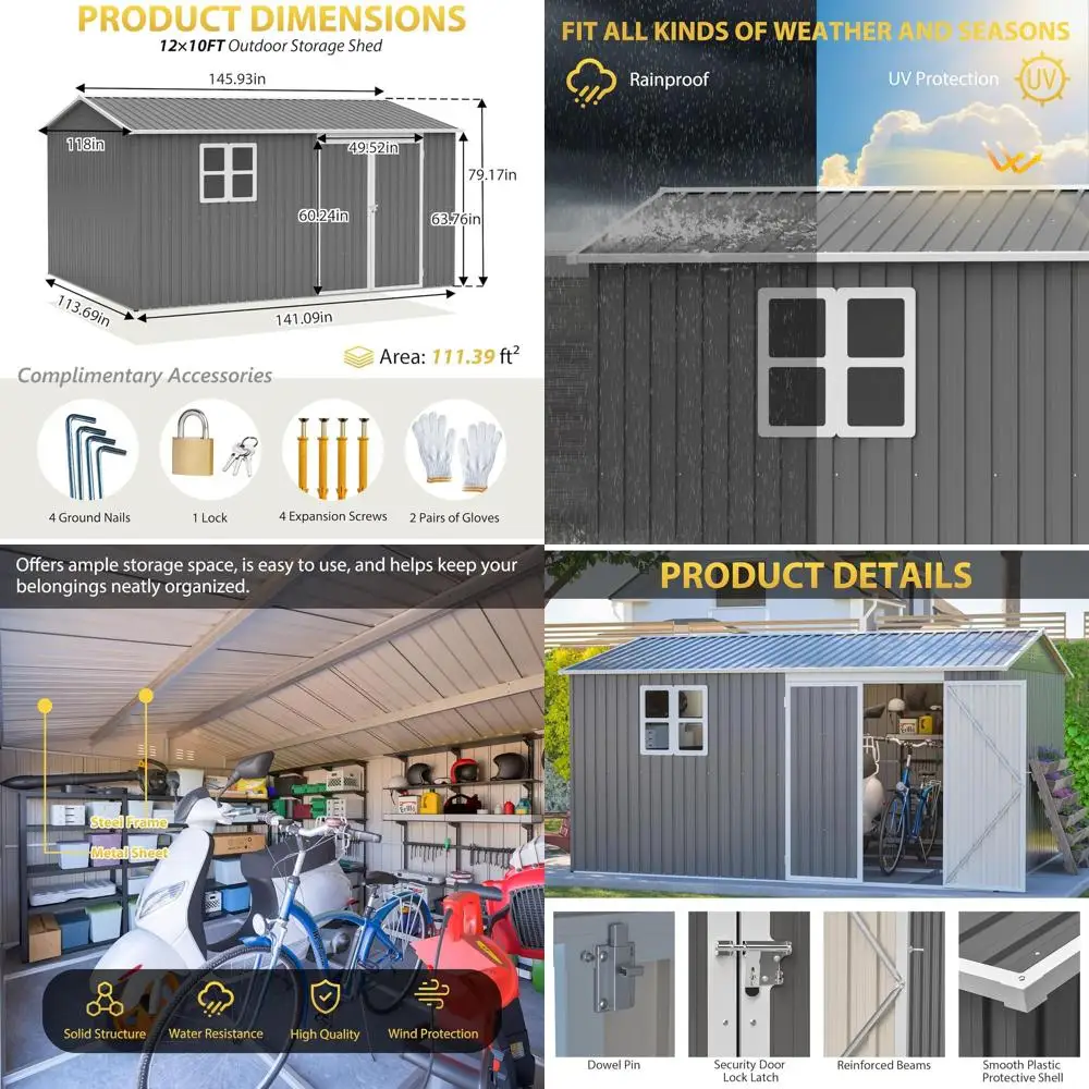 

Sturdy 12x10 Metal Shed for Outdoor Storage with Window, Floor, and Lockable Doors