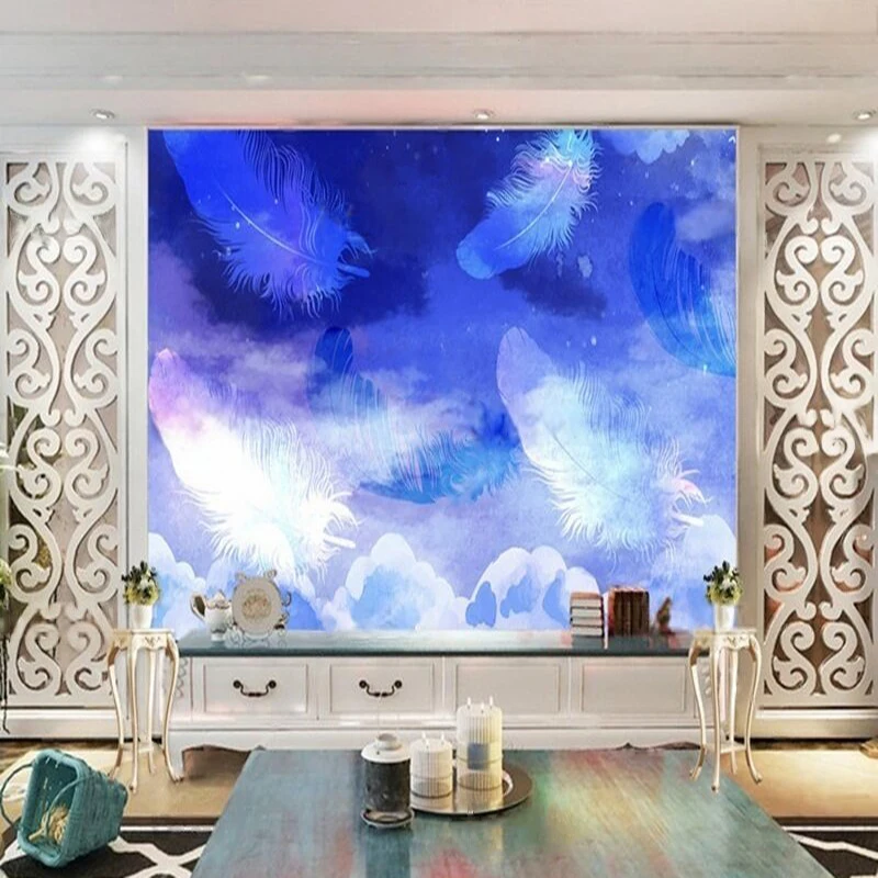 Modern Nordic Dreamy Sky Hand-Painted Feather Artwork With Beautiful Imagination For TV Library Decoration Wall Background