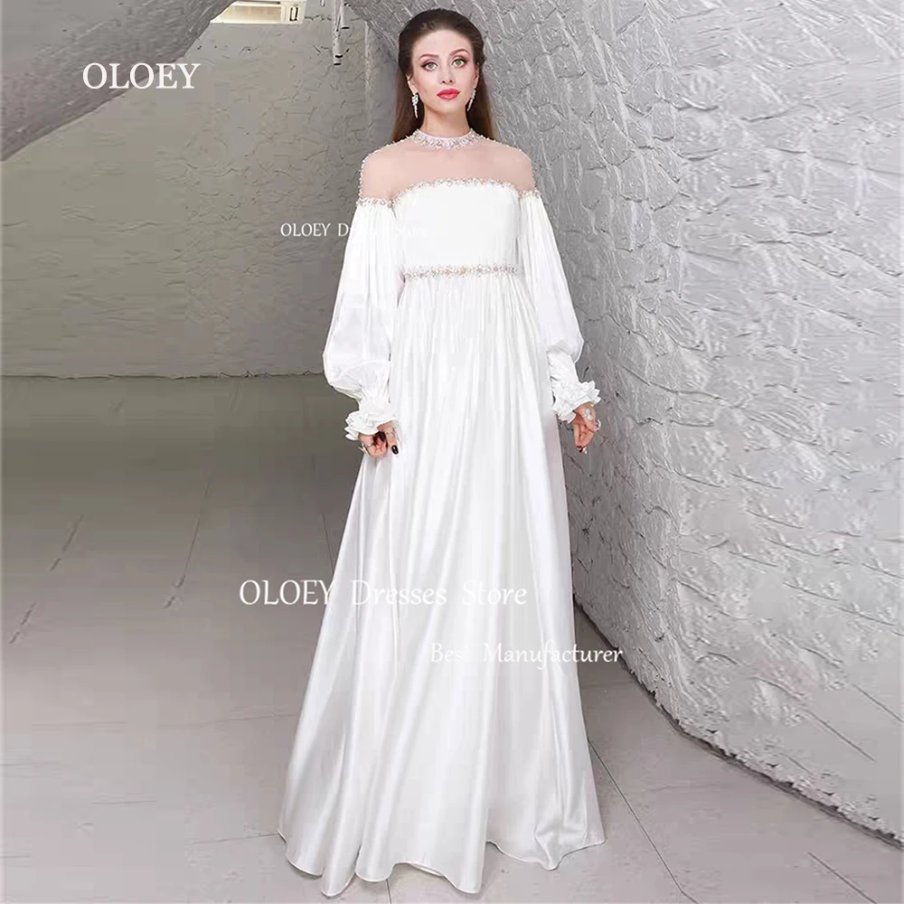 

OLOEY 2024 Arabic Evening Dresses Sparkly Crystal O-Neck Floor Length Wedding Dresses Satin Formal Prom Gowns Custom Made