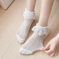 Calcetines con volantes para mujer, bonitos calcetines de encaje Kawaii de Lolita con lazo, calcetines finos transpirables de malla calados, calcetines de tubo bajo en blanco y negro