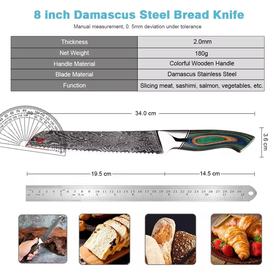 8 Inch Bread Knife Damascus Steel Professional Serrated Knife,Sharp for Slicing Bread, Cake,Pastry, Green Colored Wooden Handle