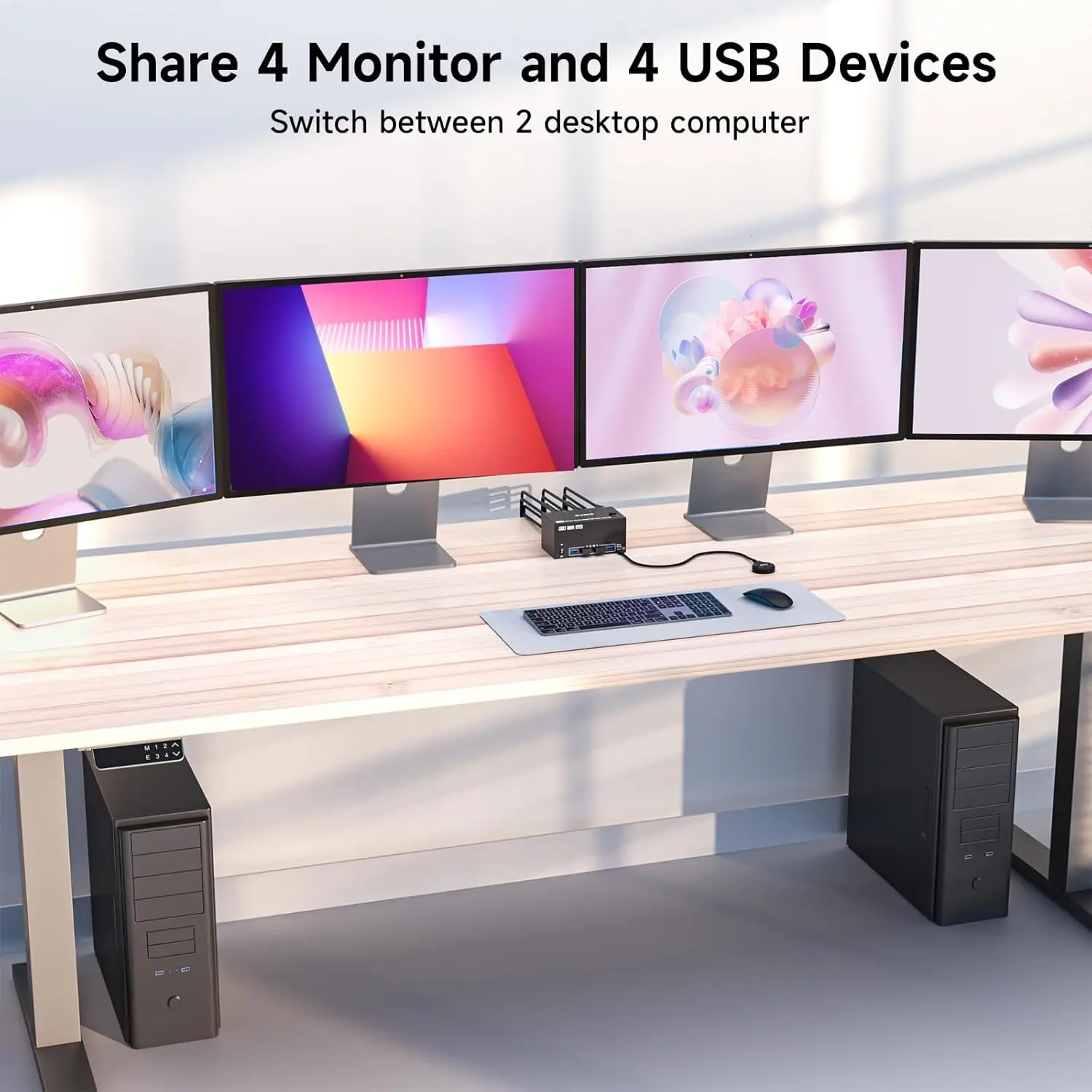 Quad Monitor KVM Switch 4 Monitors 2 Computers 4K120Hz/8K@30Hz,USB 3.0 KVM Switch Quad Monitor for 2 PC Share 4 Monitors and Key view 3