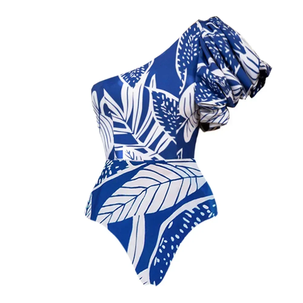 ملابس سباحة مطبوعة مكشكشة للنساء بكتف واحد أزرق، ملابس شاطئ للعطلات، بدلة استحمام فاخرة، مجموعة بيكيني ملابس سباحة