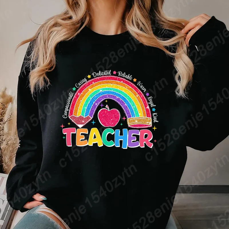 Teacher Rainbow Pencil Hoodless Sweatshirts Fashion Women\'s Clothing Casual Long-sleeved Winter Autumn Pullovers Round Neck Tops