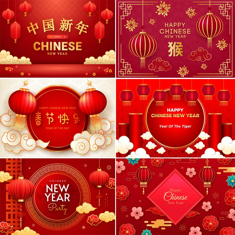 

Lunar Calendar Chinese New Year Decor Photography Backdrops Red Lanterns Flowers Decorated Spring Festive Photo Background DL-06