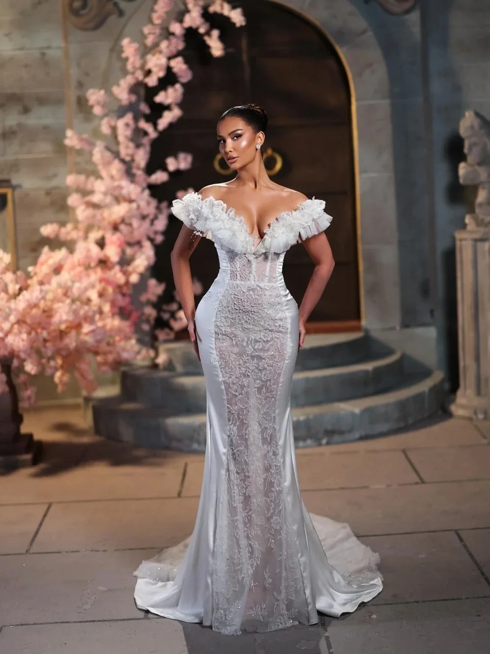 Unique Pearls Wedding Dresses Appliques Mermaid Bridal Gowns Off Shoulder Ruffle Princess Illusion Customized Vestidos De Novia