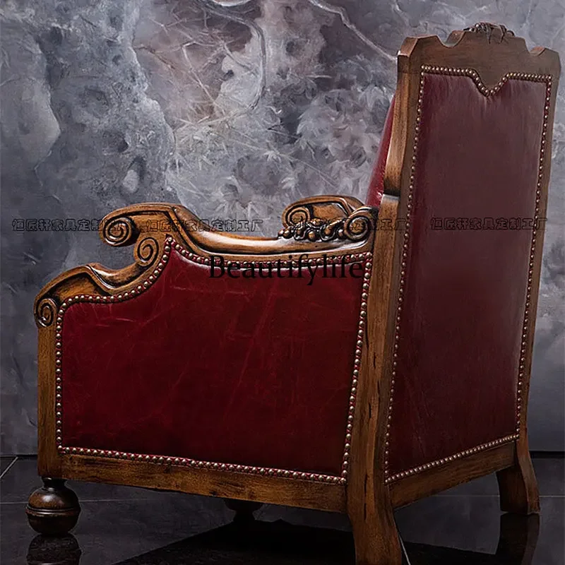 C178 American retro old solid wood single sofa European small apartment living room simple light luxury leather leisure tiger ch