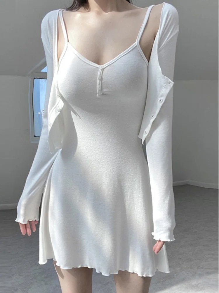 WOMENGAGA Korea New Sexy Feminine Thin Long Sleeve T Shirt Tees +Slim Sling Mini Dress V Neck Two Piece Women Dresses 836L