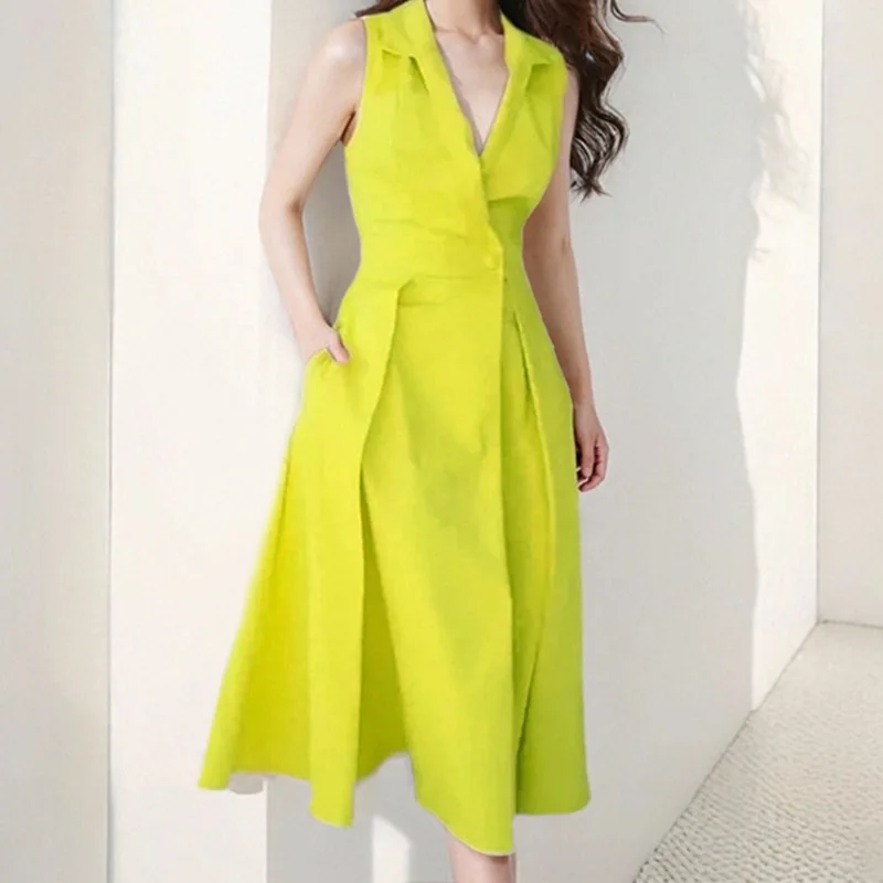 Fashionable Summer Commute Solid Color Button V-Neck Maxi Dress Women's Clothing Amazon Europe Trade Pure Color Skirt