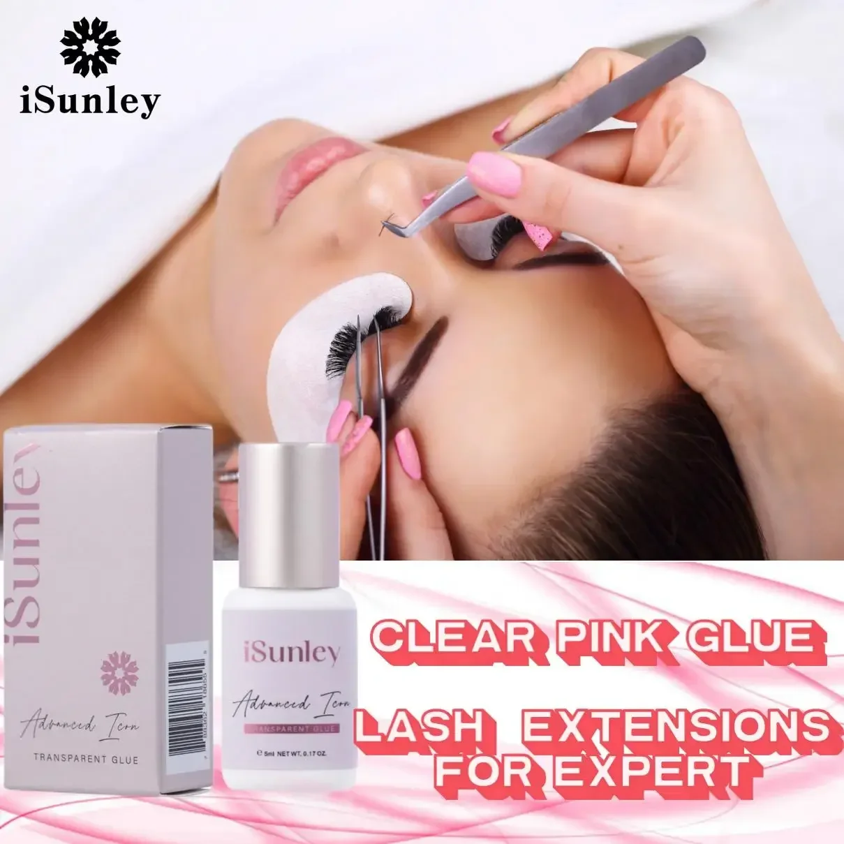 

Isunley 5ML Pink Transparent Eyelash Extension Glue 1-2 Sec Fast Drying 6-7 Week Clear Jelly Eye Lash Glue Professional USE ONLY