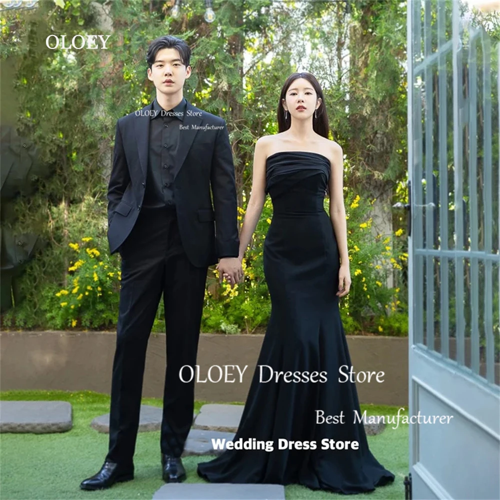 

OLOEY Elegant Black Korea Mermaid Wedding Dress Photo Shoot Strapless Sleeveless Satin Bridal Gown Pleats Custom Lace Up Back