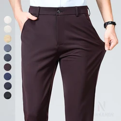 Plus Size High Elastic Small Suit Pants, Men's Casual Trousers, All-Matching Straight Business Loose Suit Pants，Size 29-42