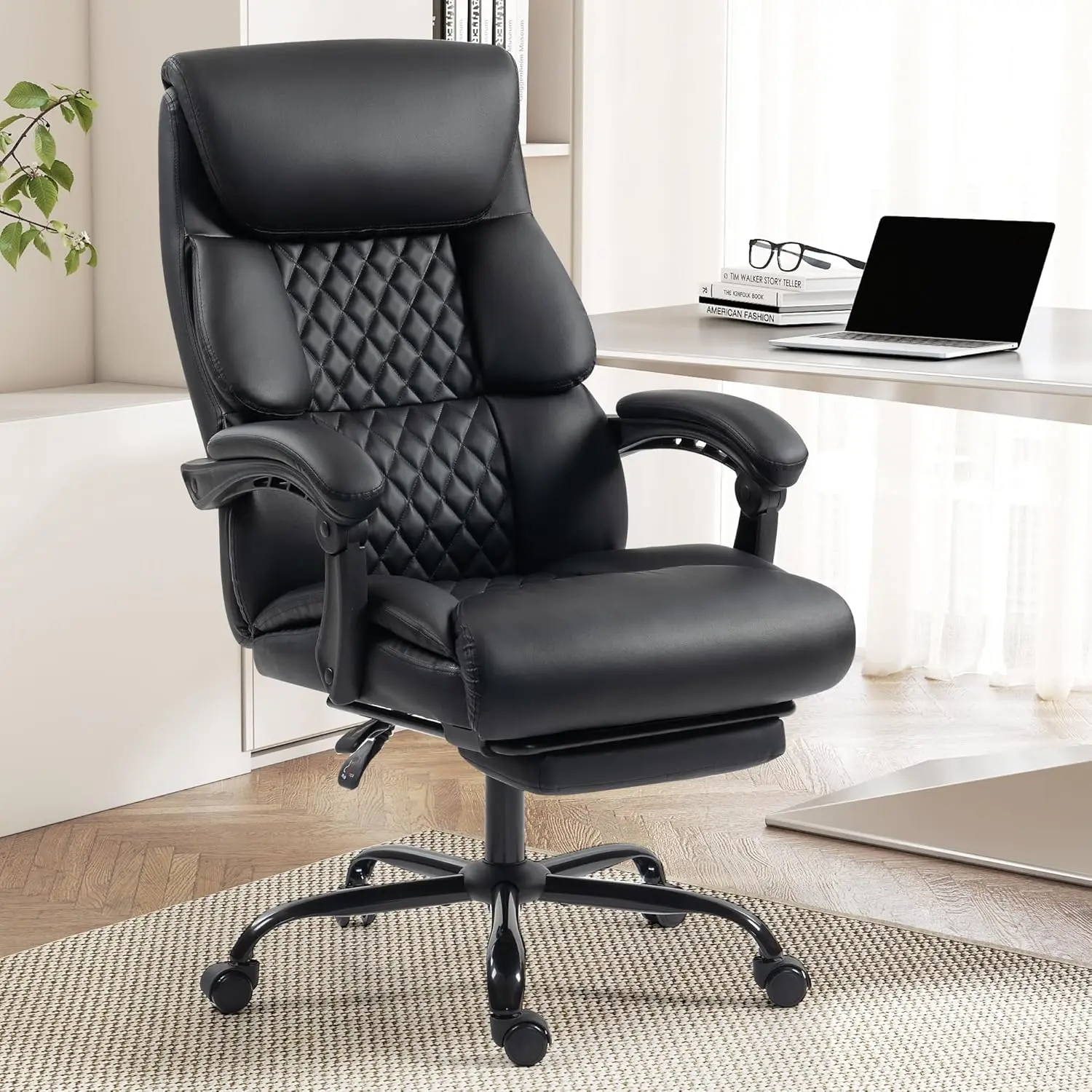 Black Leather Executive Office Chair with Footrest, Lumbar Support and 90-135° Adjustable Tilt Lock for Gaming and Work