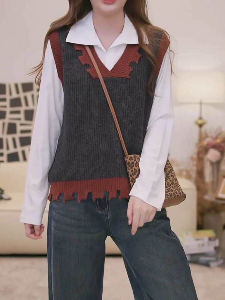 

Casual V-Ne Knitted Sweater Vest Women's plus Size Faionable College Sle Autumn New Arrival Moisture ng Long Sve