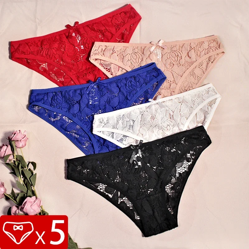 

5pcs Plus Size Lace Women Panties Comfortable Breathable Lady Briefs Perspective Floral Underwear Mid Rise Female Underpants