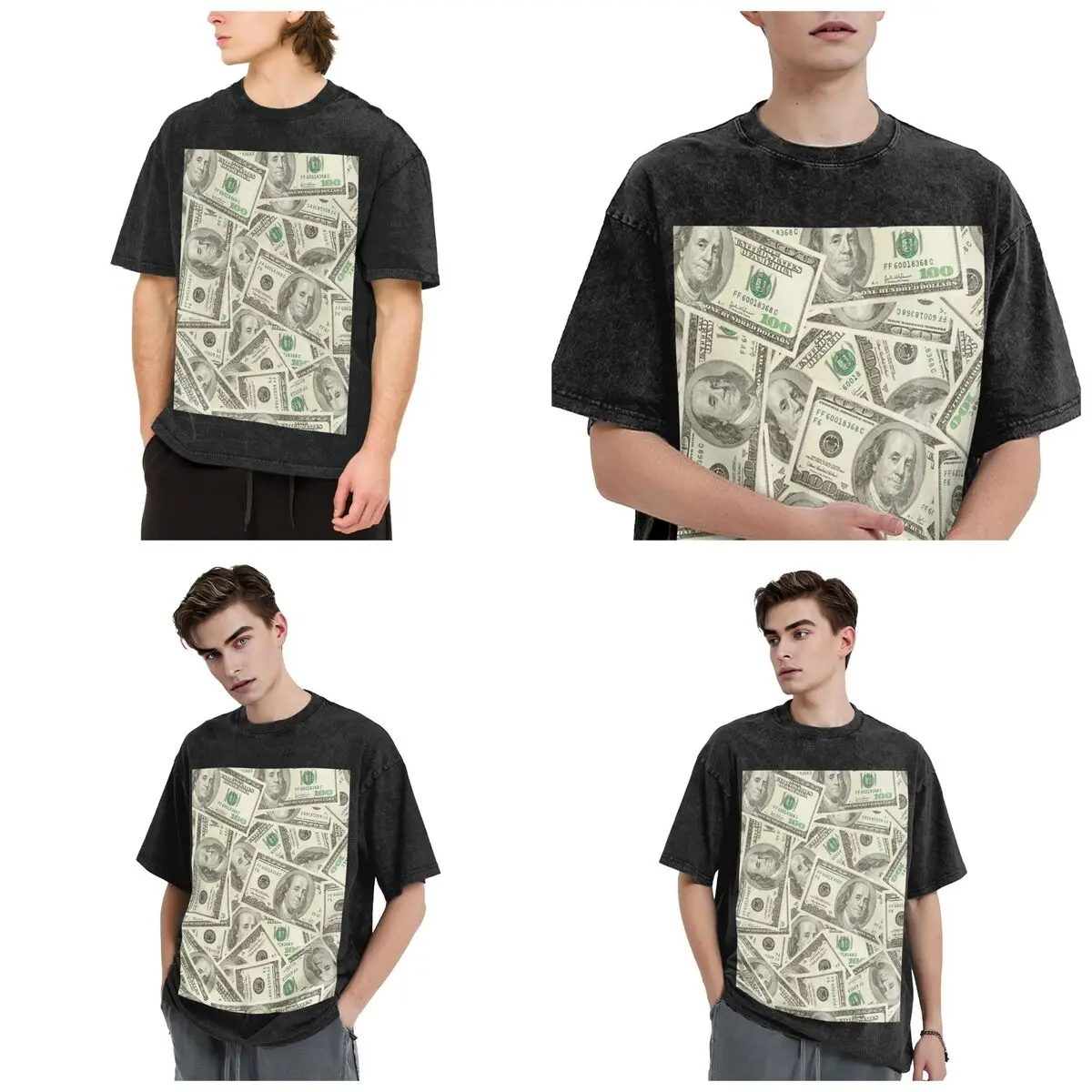 US Dollar Banknotes Hip Hop Short Sleeve T-Shirts Washed Tops Tees Streetwear T Shirt Oversized for Men Women