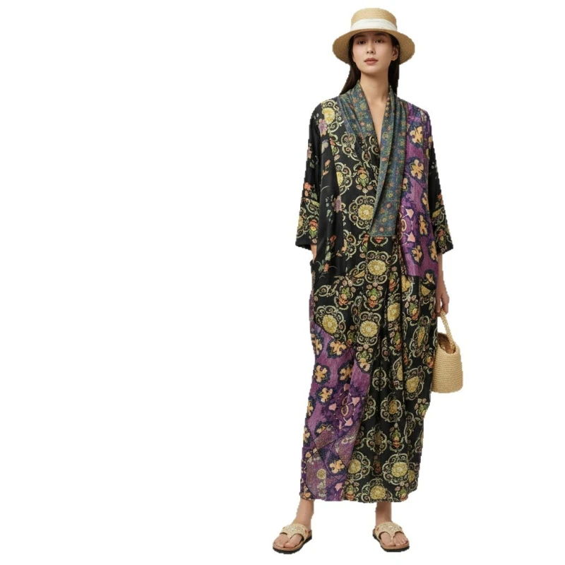 Women Oversize Asymmetrical Retro Floral Printed Maxi Dresses Gambiered Silk Designal Cross V Neck High Quality Outing Dresses