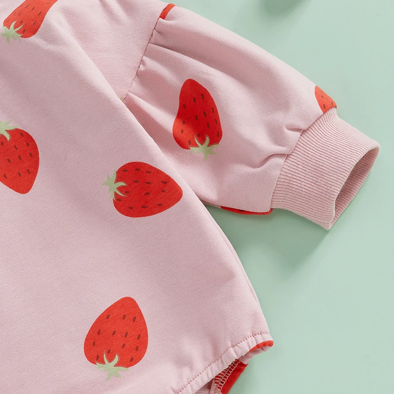 Lovely Baby Girls Spring Autumn Rompers Long Sleeve O Neck Strawberry Print Loose Sweatshirts Romper with Headband Outfits