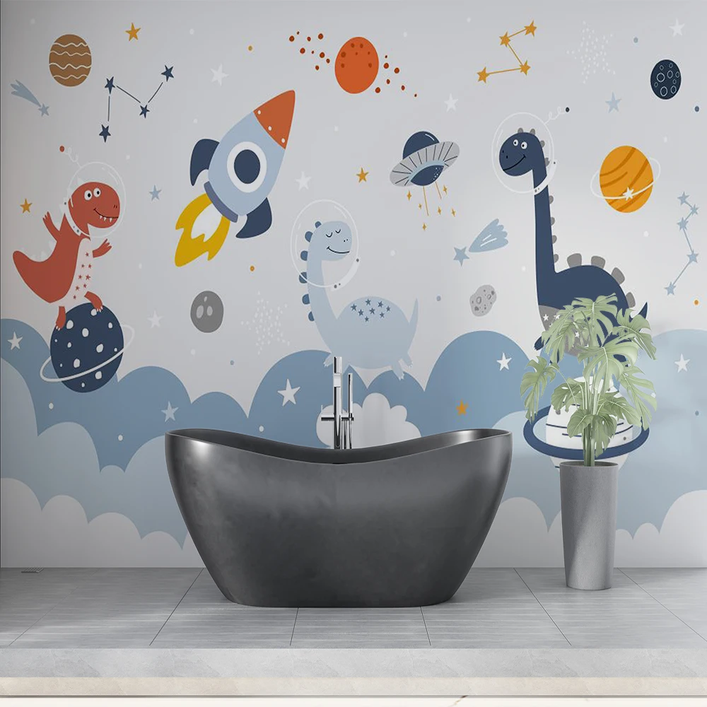 Customized 3D Cartoon Space Starry Sky Astronaut Rocket Children's Room Wallpaper