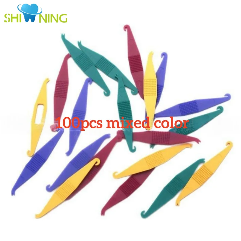 100Pcs/Bag Colorful Orthodontics Ligature Tie Applicator Environmental Plastic Rubber Band Hook Professional Dentist Equipments