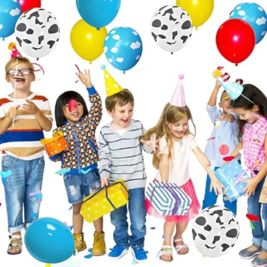 Kit de balões inspirados em brinquedo, 12 polegadas, padrão de vaca, nuvem, amarelo, vermelho, azul, verde, balões de látex para brinquedo inspirado, tema de história, birt