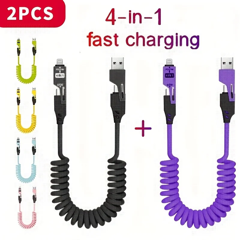 lot-de-2-cables-de-charge-rapide-dinijie-4-en-1-pour-voiture-avec-ressort--cable-pd-type-c-vers-type-c-max-65w-compatible-avec-iphone