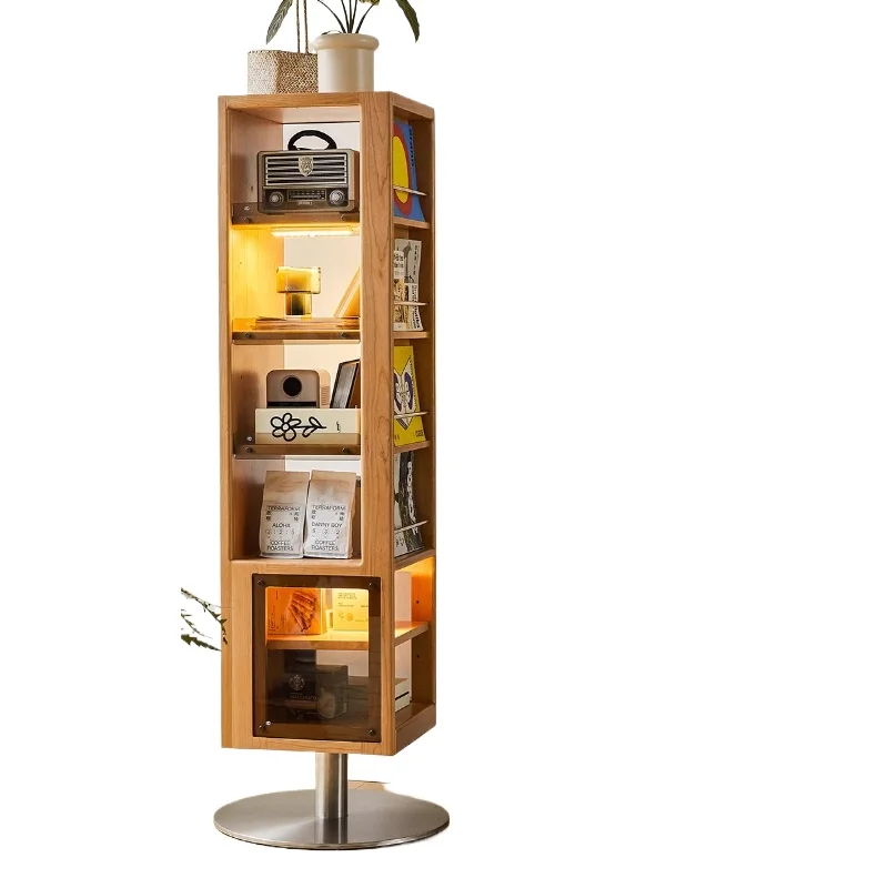

Solid wood rotating full-length mirror retro storage shelf bookcase rotating bookshelf floor mirror cabinet